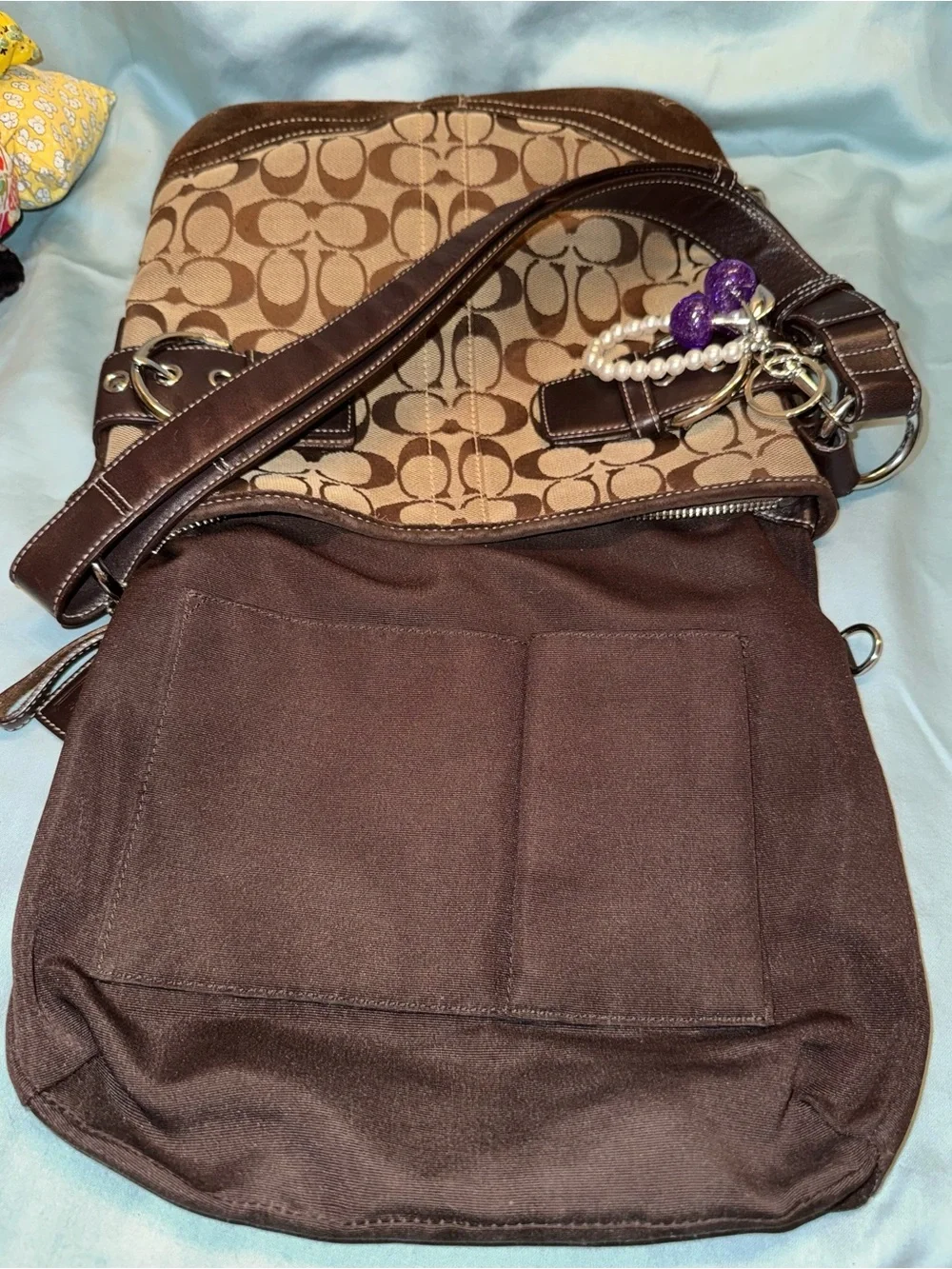 Coach 3574 Soho Signature Jacquard Tan & Brown with Brown Suede Shoulder Bag